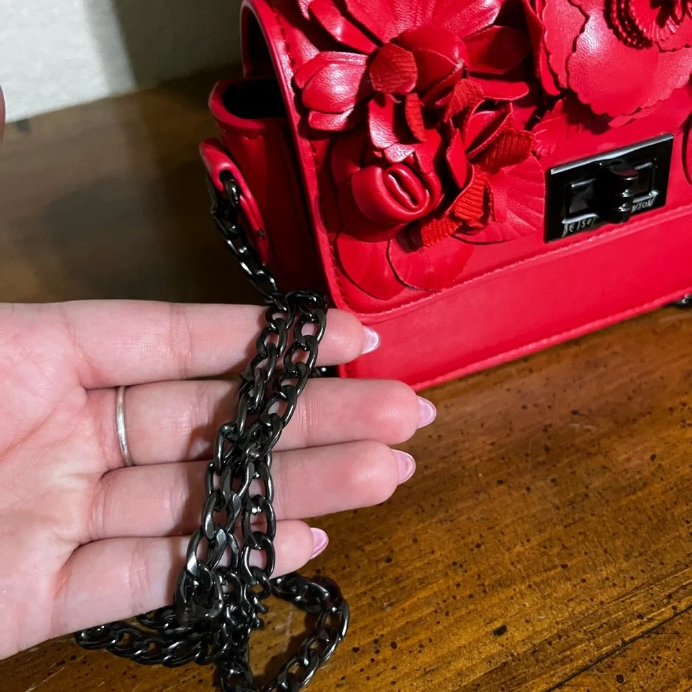 Betsey Johnson Red Carnation Mini Bag with Floral Accents - Picture 4 of 9